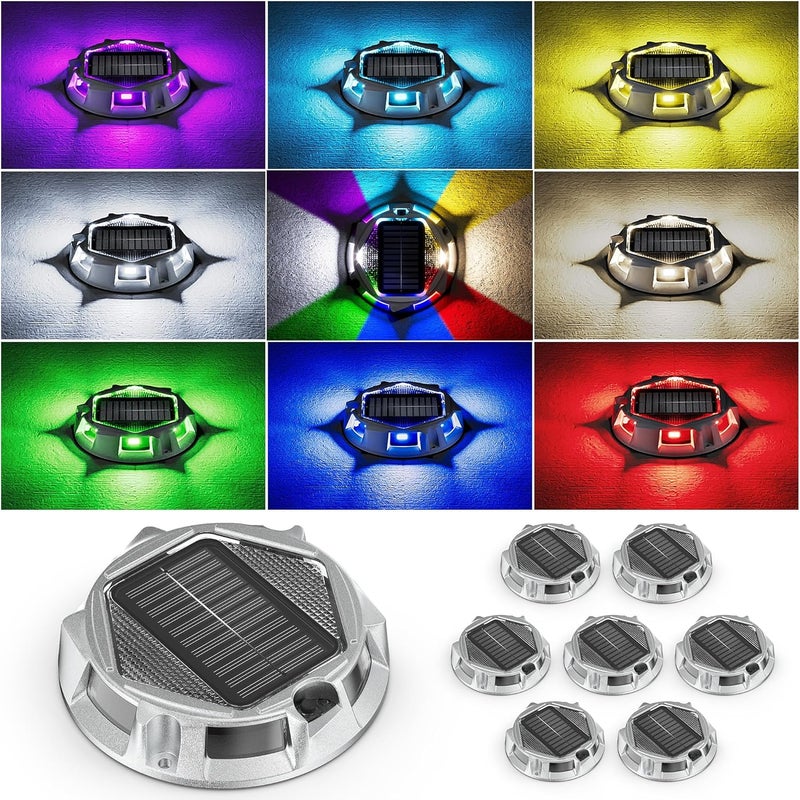 VIODAIM 8Pack Aluminum Alloy Solar Driveway Lights, IP68 Solar Deck Light Marine Dock Lights Outdoor Waterproof, Multi-color LED Driveway Markers for Walkway, Path Decor [12Modes - Strobe/RGB/Fix-color] - Image 1